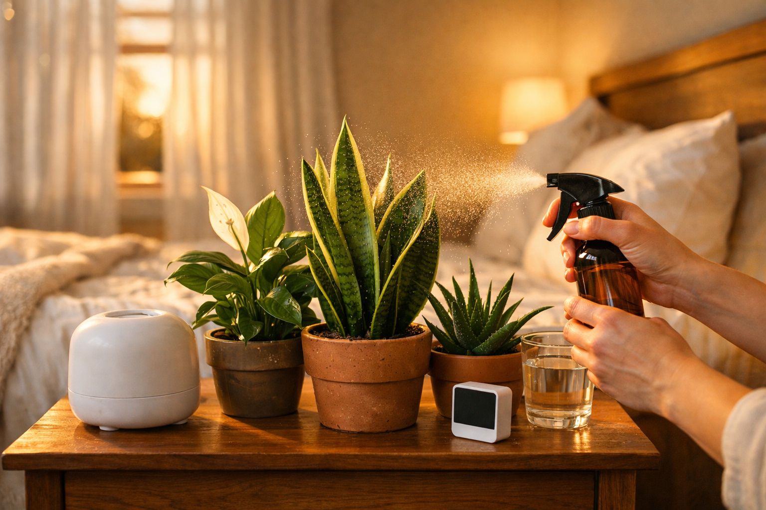 Pessoa a pulverizar plantas em vasos numa mesa de madeira numa divisão acolhedora com cama ao fundo.