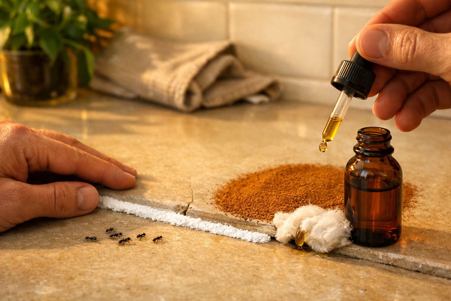 Mãos a aplicar óleo essencial com conta-gotas perto de formigas, linha branca e pó castanho numa superfície de pedra.