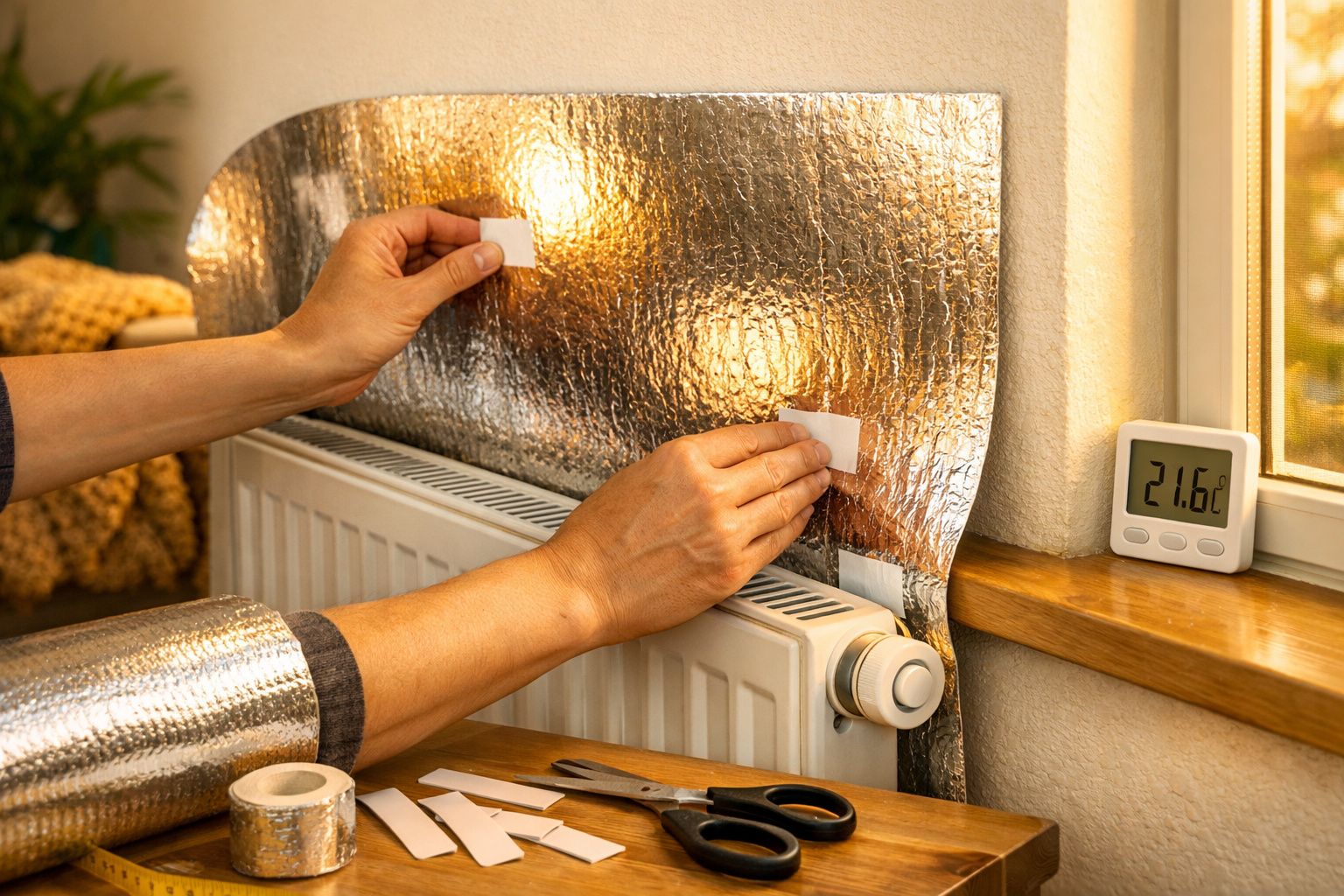 Pessoa a colocar uma manta isolante térmica atrás de um radiador com um termómetro a indicar 21,6°C.