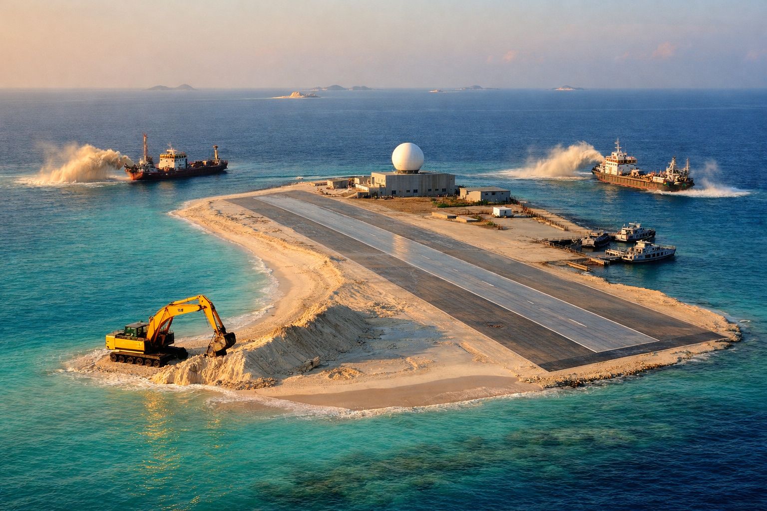 Ilha artificial com pista de aterragem, escavadora amarela na areia e três navios no mar azul à volta.