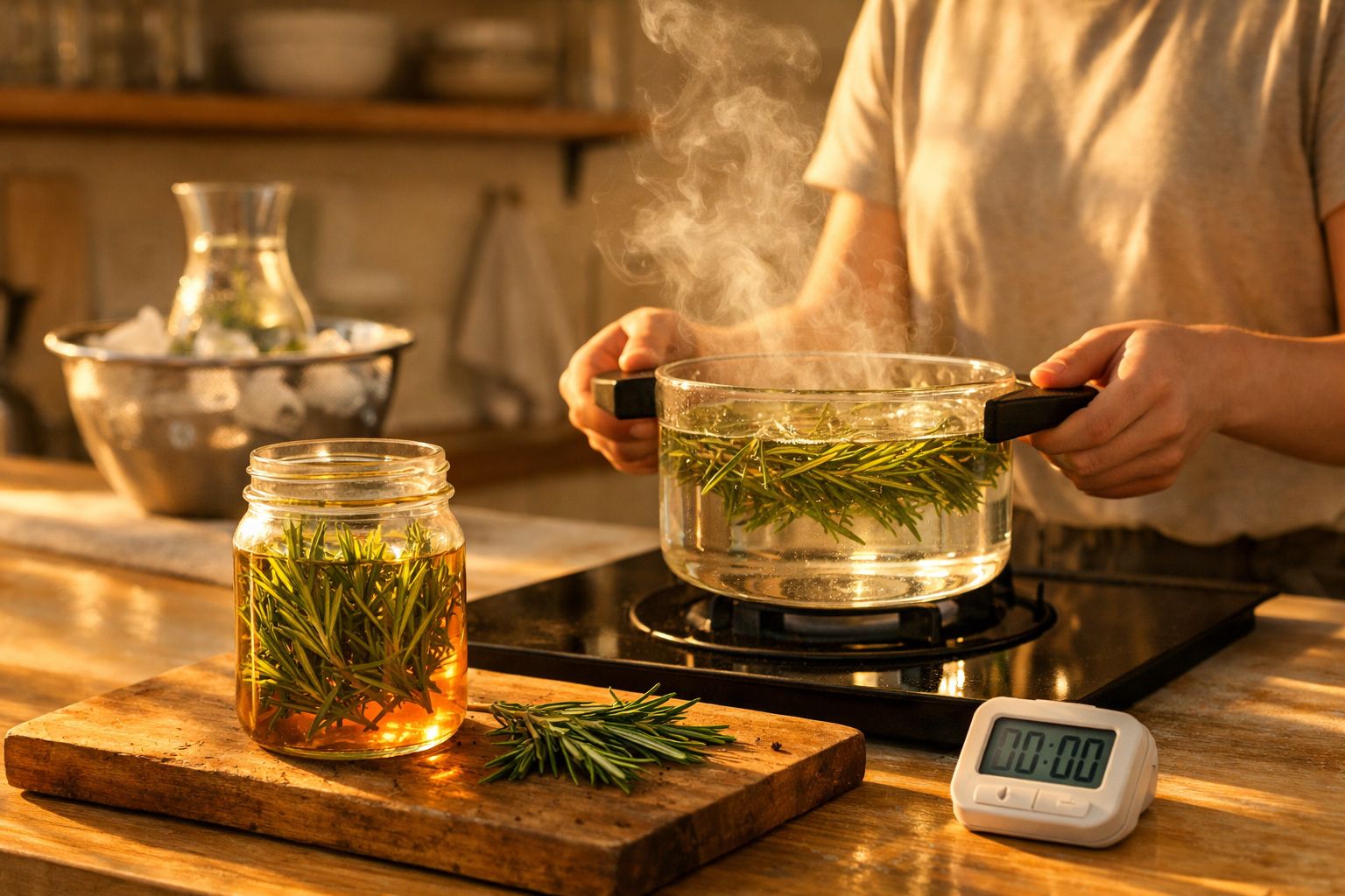 Pessoa a aquecer um recipiente com alecrim numa placa de fogão, perto de um frasco com alecrim e infusão.