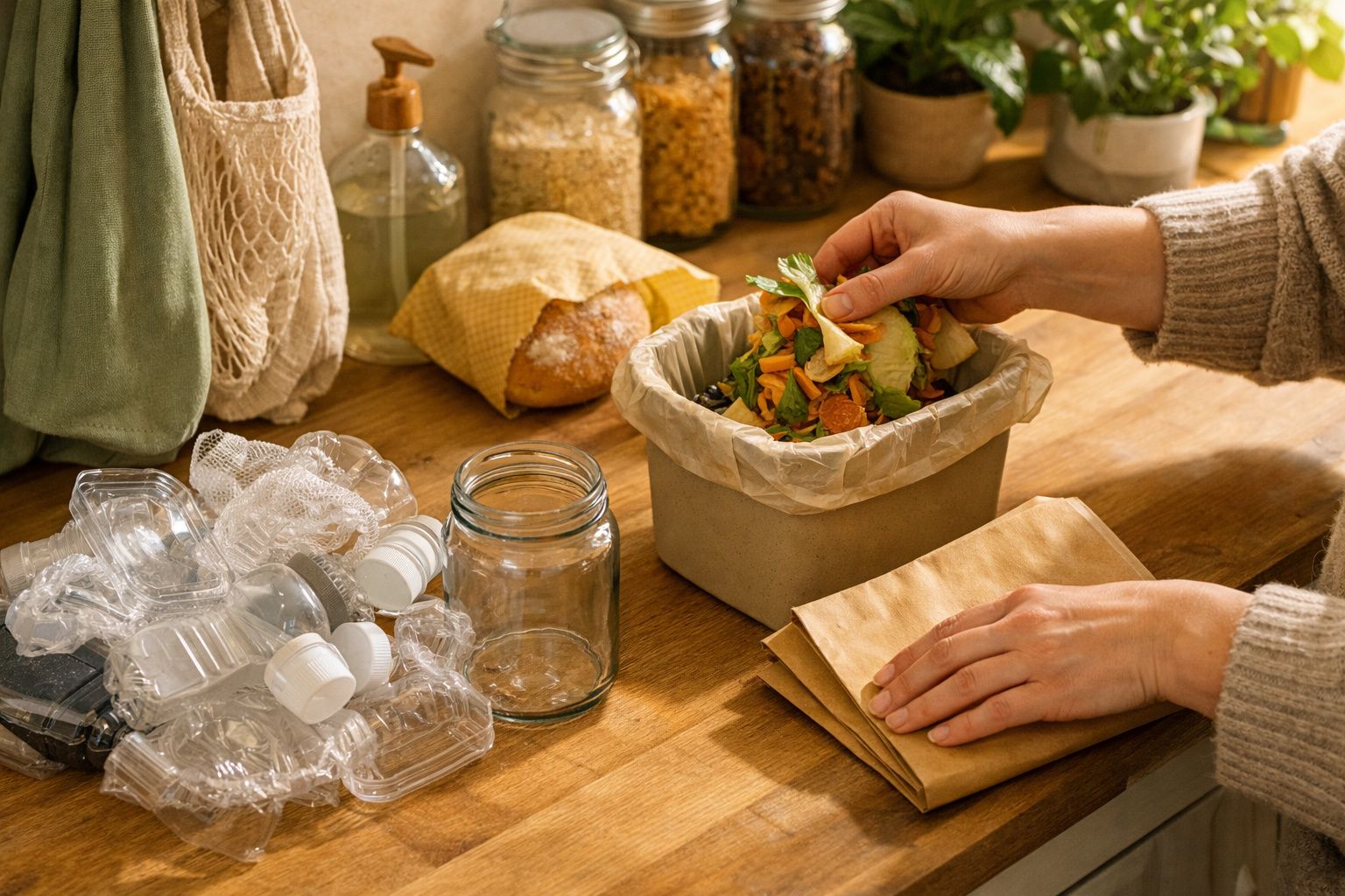 Pessoa a colocar restos de alimentos num recipiente de reciclagem numa cozinha com materiais reutilizáveis.