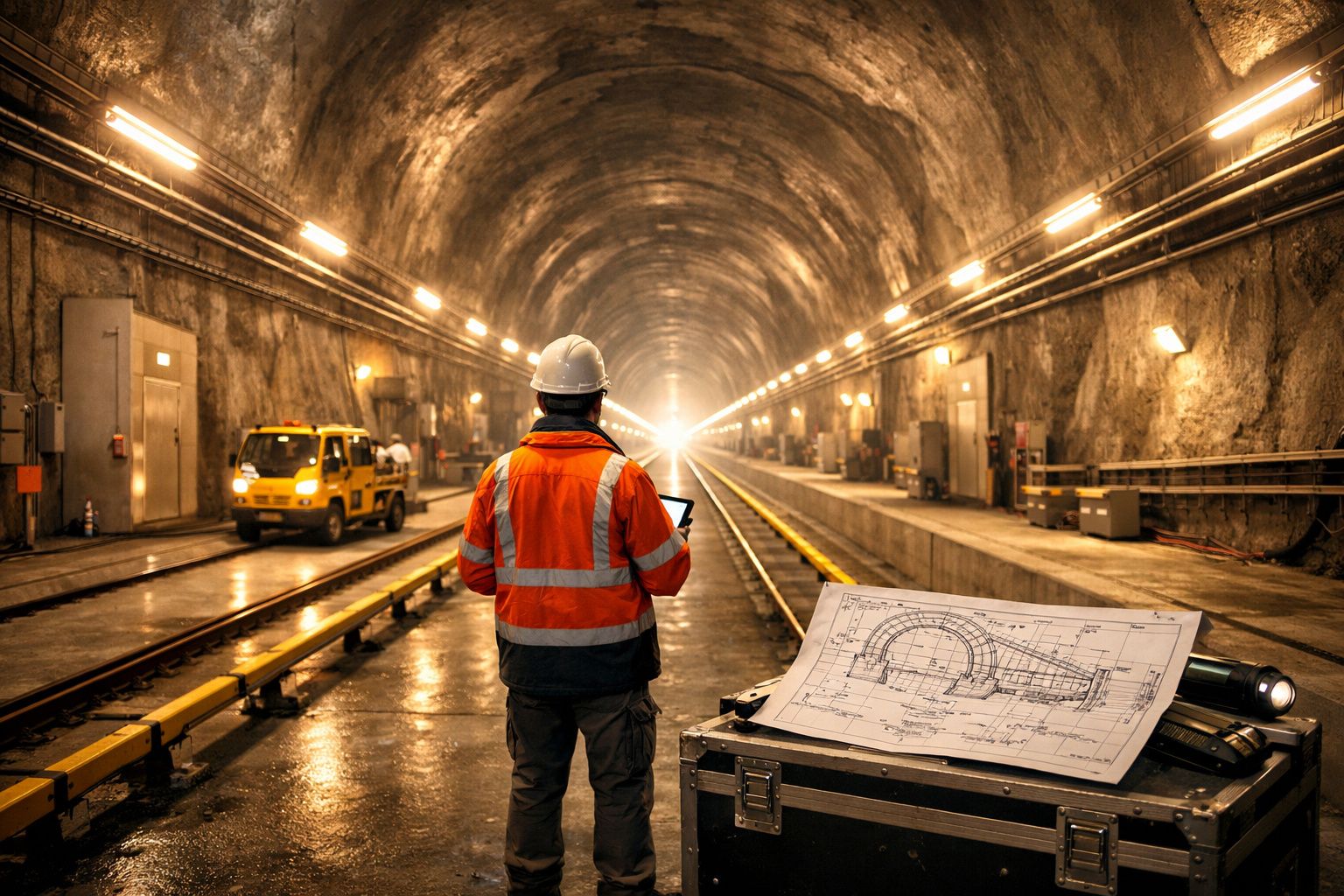 Engenheiro com colete e capacete avalia planta numa obra subterrânea de túnel ferroviário iluminado.