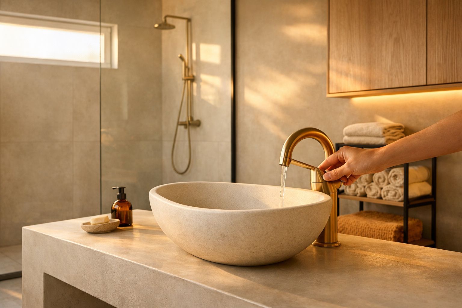 Mão a abrir torneira dourada numa casa de banho moderna com lavatório de pedra e toalhas empilhadas.