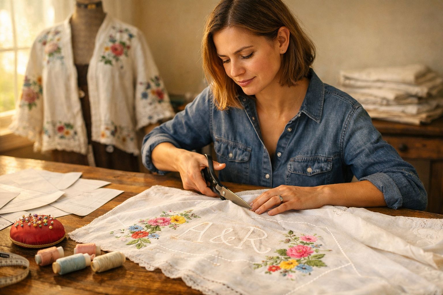 Mulher a recortar tecido branco bordado com agulhas e linhas coloridas numa mesa de madeira.