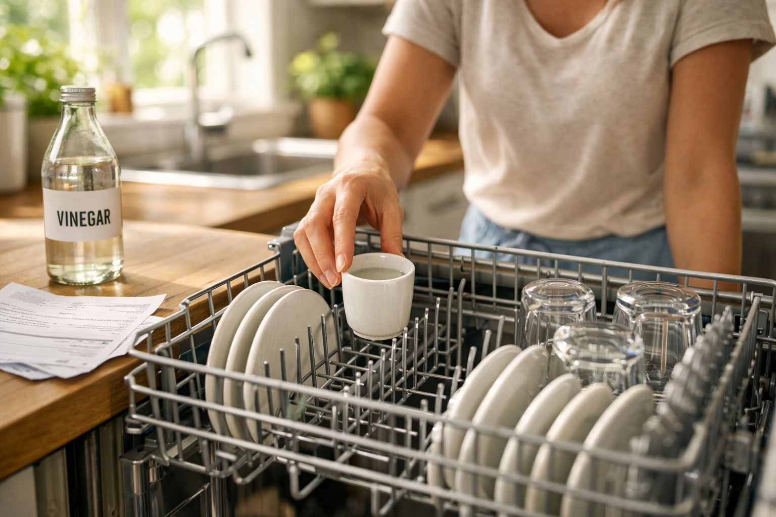 Pessoa a colocar uma chávena na máquina de lavar loiça, com garrafa de vinagre sobre a bancada da cozinha.