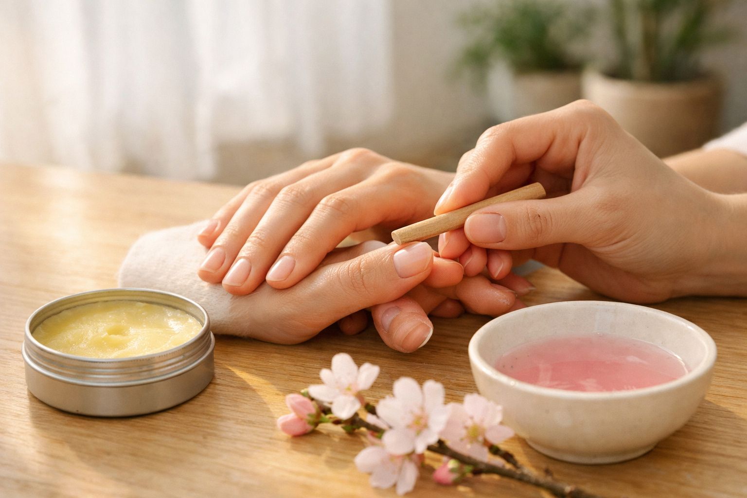 Pessoa a fazer tratamento de unhas com palito de madeira, creme e água com pétalas numa mesa de madeira.