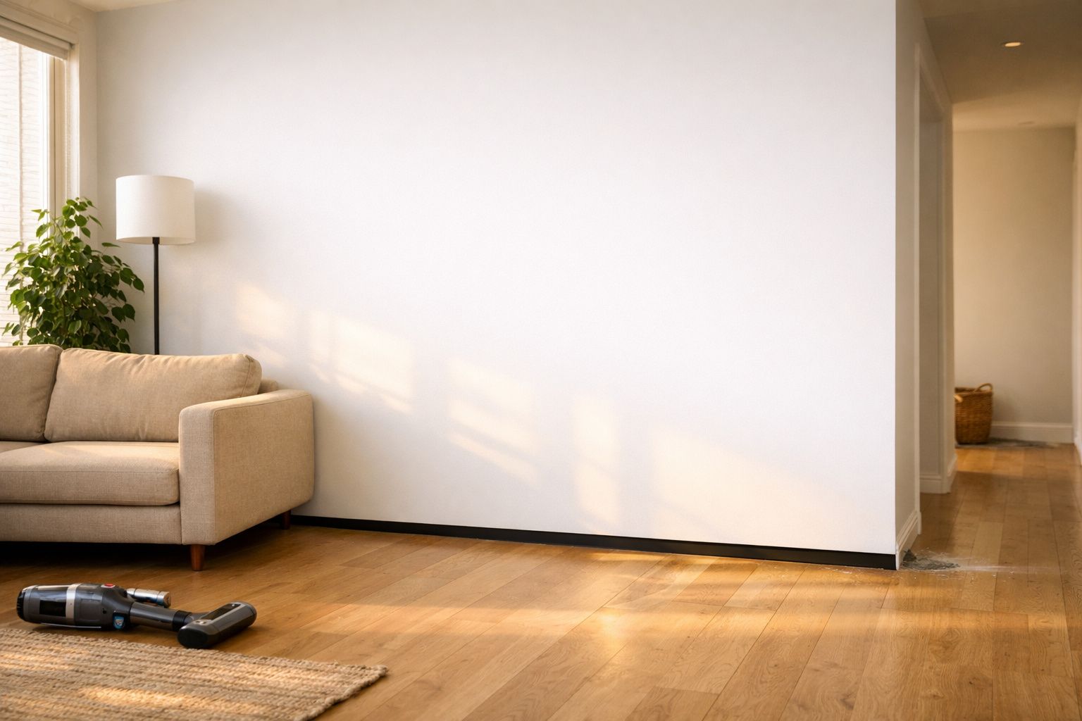 Sala de estar minimalista com sofá bege, candeeiro, planta e aspirador robô no chão de madeira.