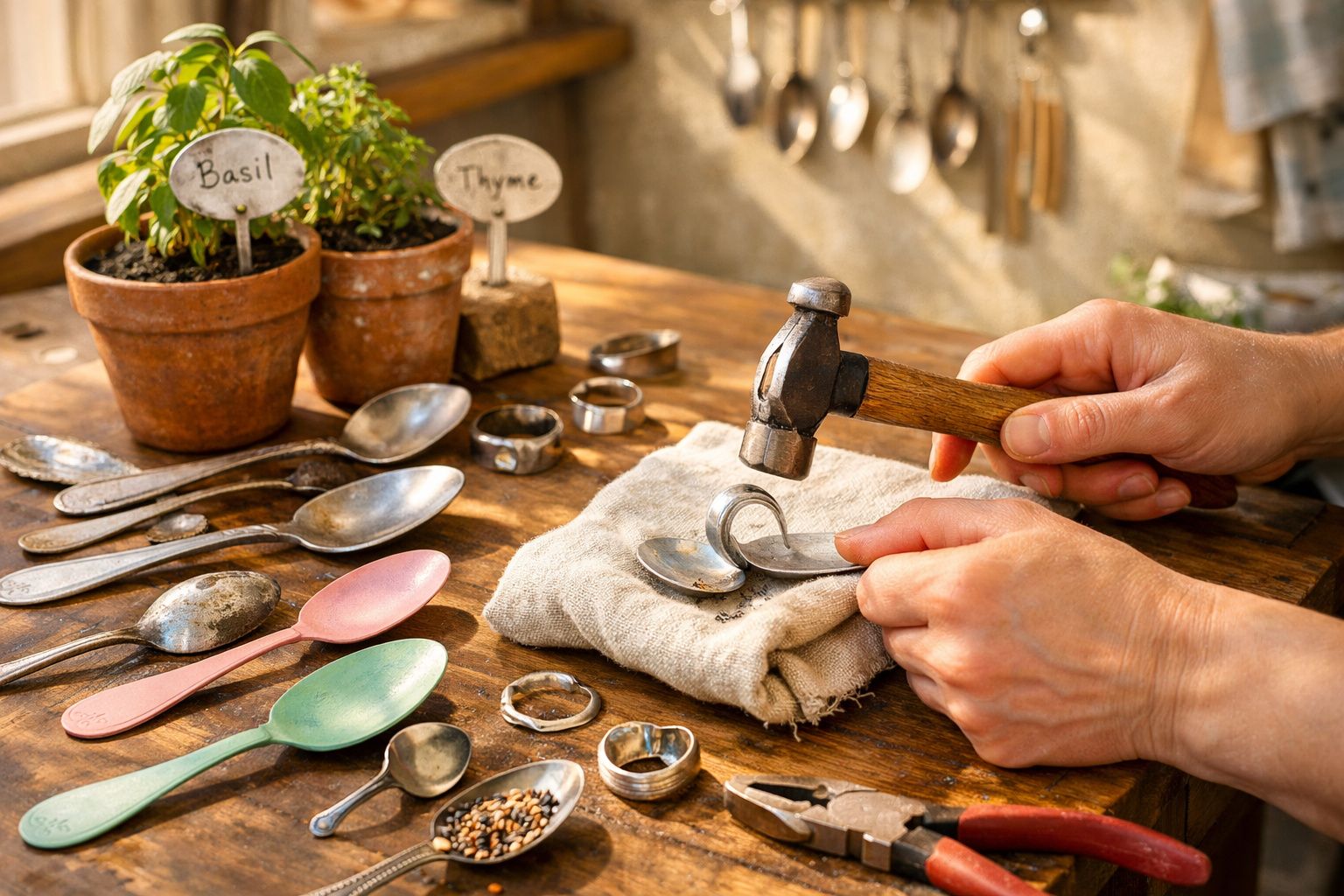 Mãos a transformarem colheres antigas em anéis com um martelo numa mesa de madeira com ervas em vaso.