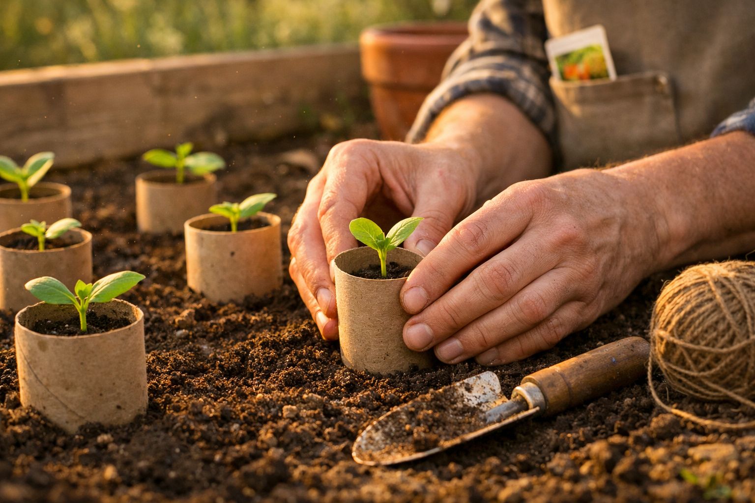 Mãos a plantar pequenas plantas em vasos de cartão num jardim com terra fértil.
