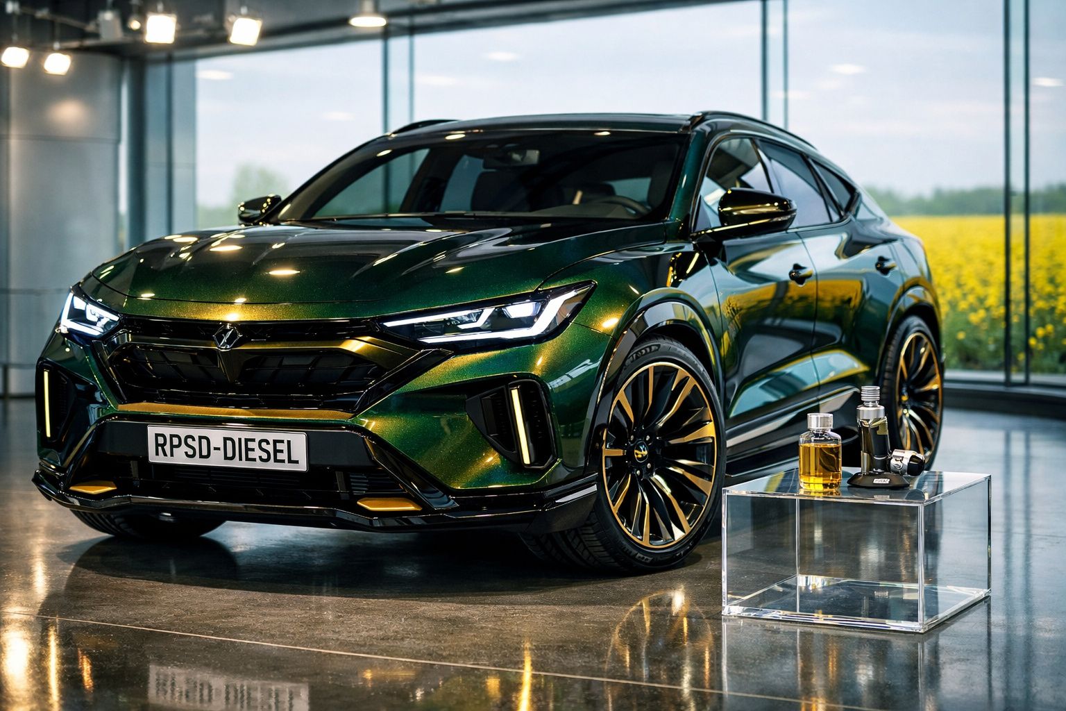 Carro SUV verde com luzes LED e rodas de liga leve em exposição moderna com garrafas ao lado.