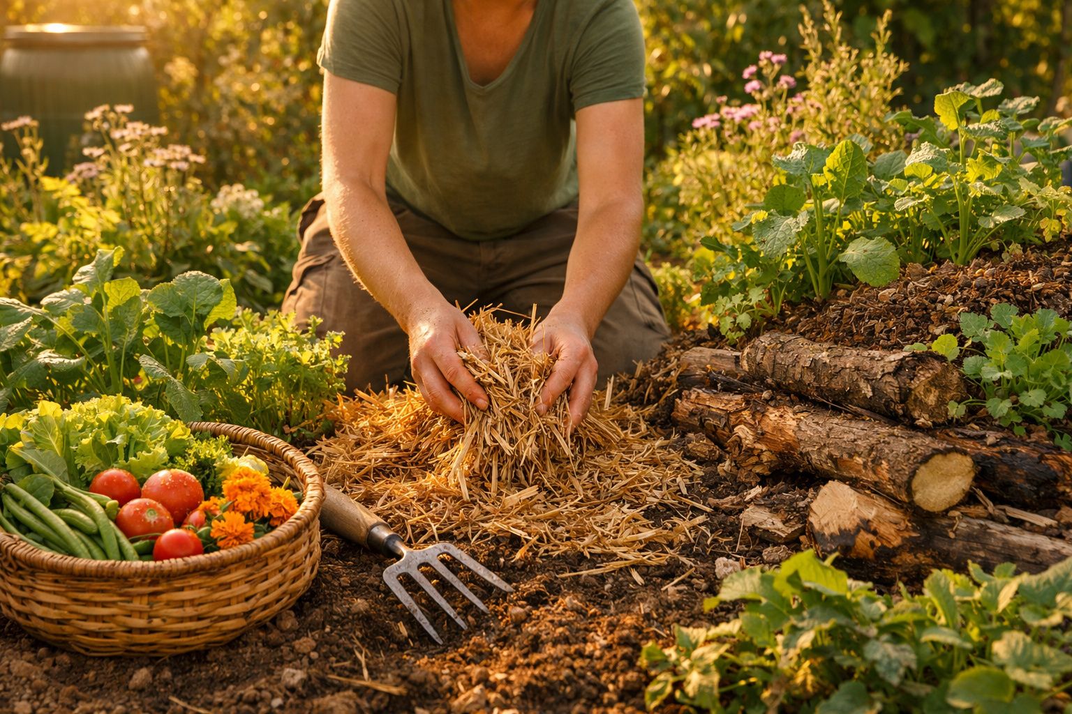 Pessoa a preparar canteiro no jardim com palha, legumes e legumes frescos numa cesta ao lado.