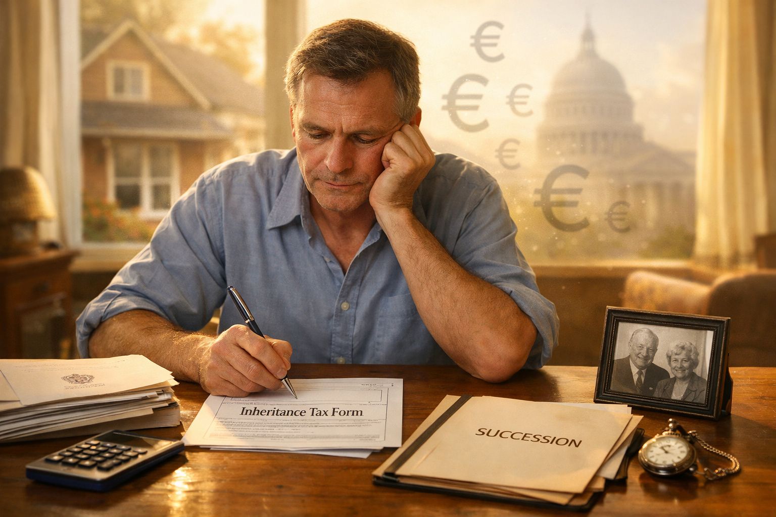 Homem preocupado a preencher formulário de imposto de herança numa mesa com documentos e foto de idosos.