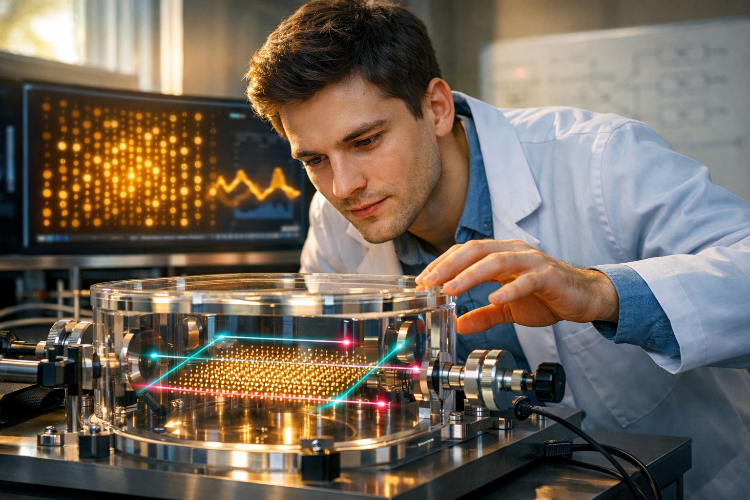 Cientista a analisar equipamento tecnológico avançado com luzes LED e gráficos no ecrã ao fundo.