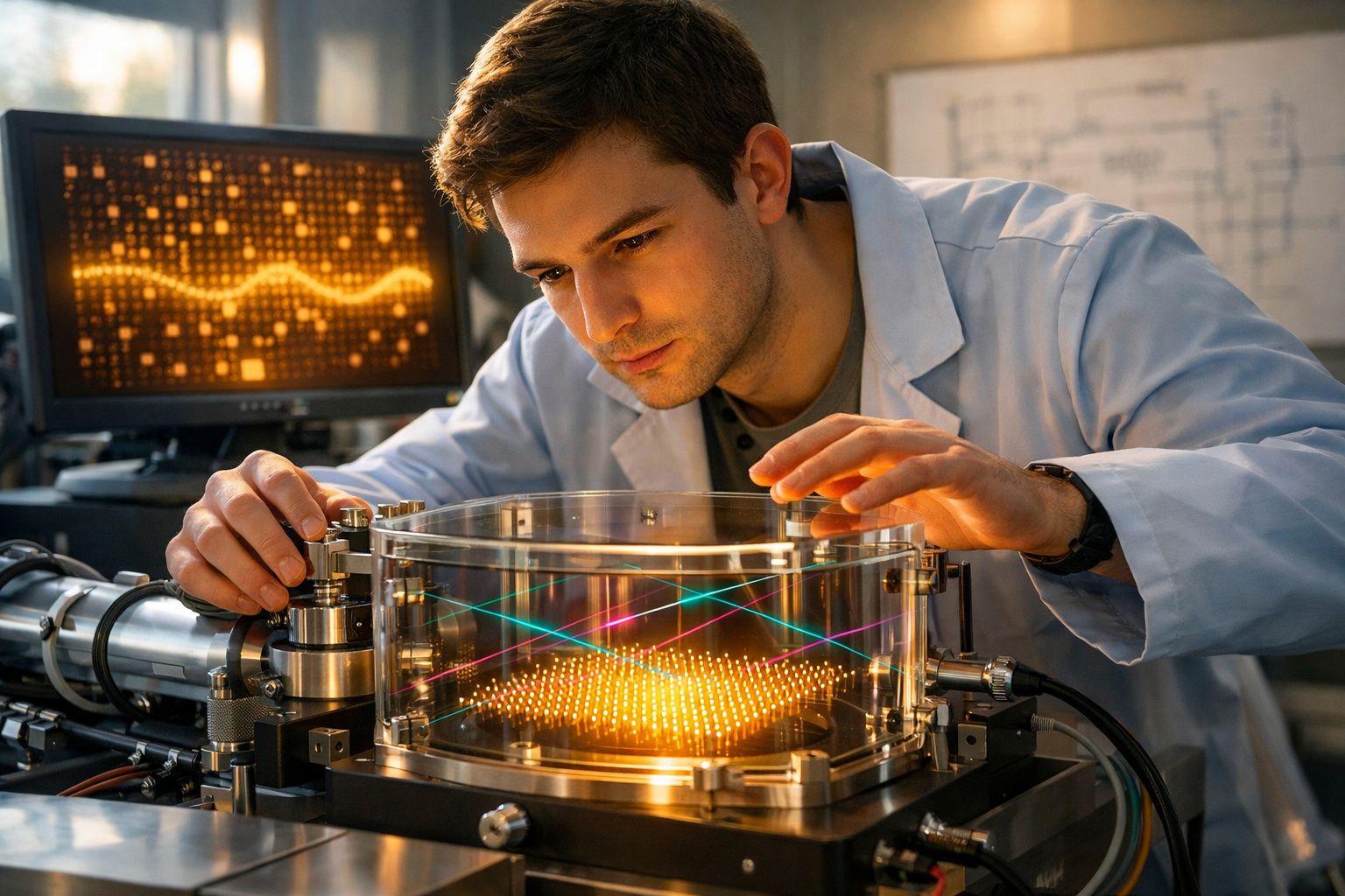 Cientista a trabalhar com equipamento tecnológico avançado e lasers coloridos num laboratório moderno.