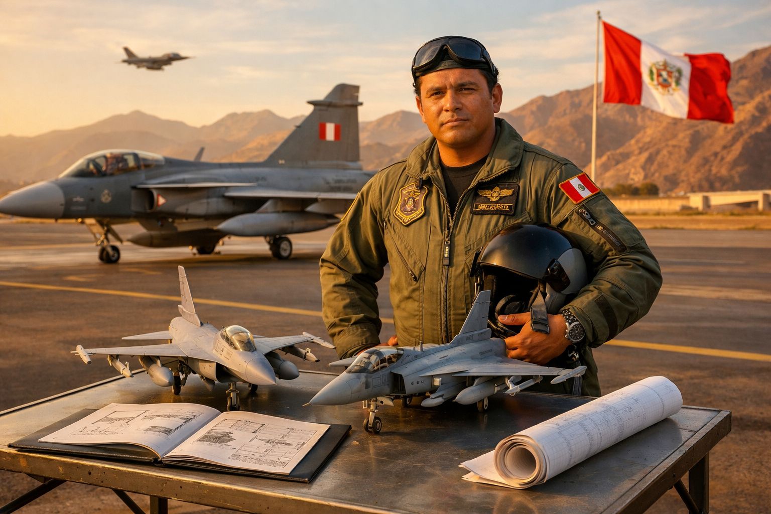 Piloto militar com uniformes e capacetes junto a modelos de aviões e planos numa pista de aeroporto militar do Peru.