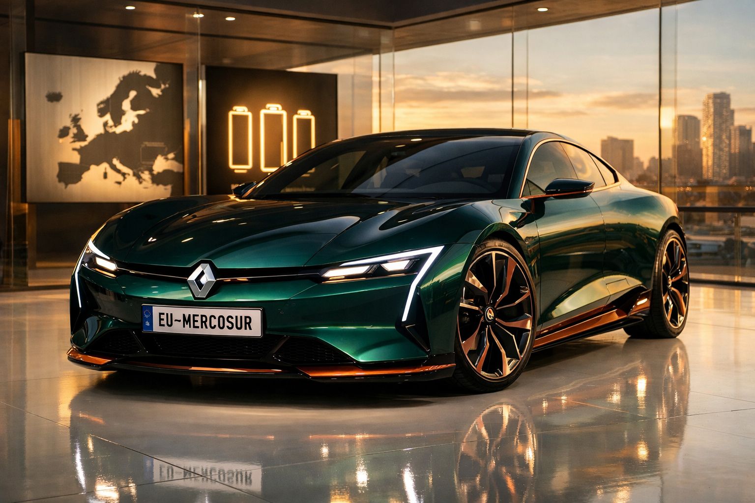 Carro desportivo elétrico Renault de cor verde metálico com luzes LED, em ambiente interior moderno.