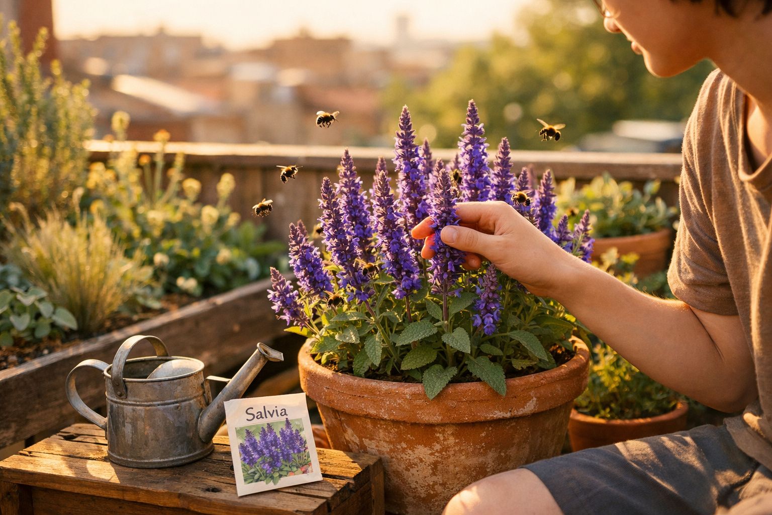 Pessoa colhe flores de salva roxa num vaso com abelhas a voar ao redor num jardim ensolarado.