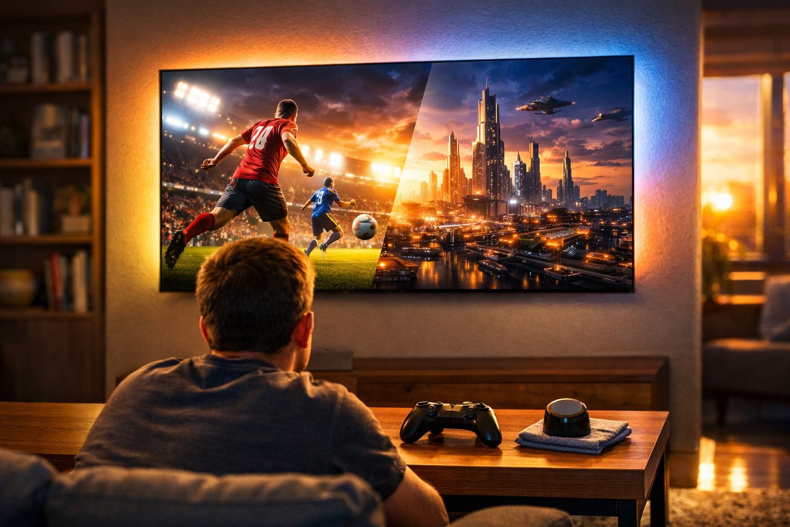 Homem sentado a ver televisão com imagem dividida entre futebol e cidade futurista ao pôr do sol.