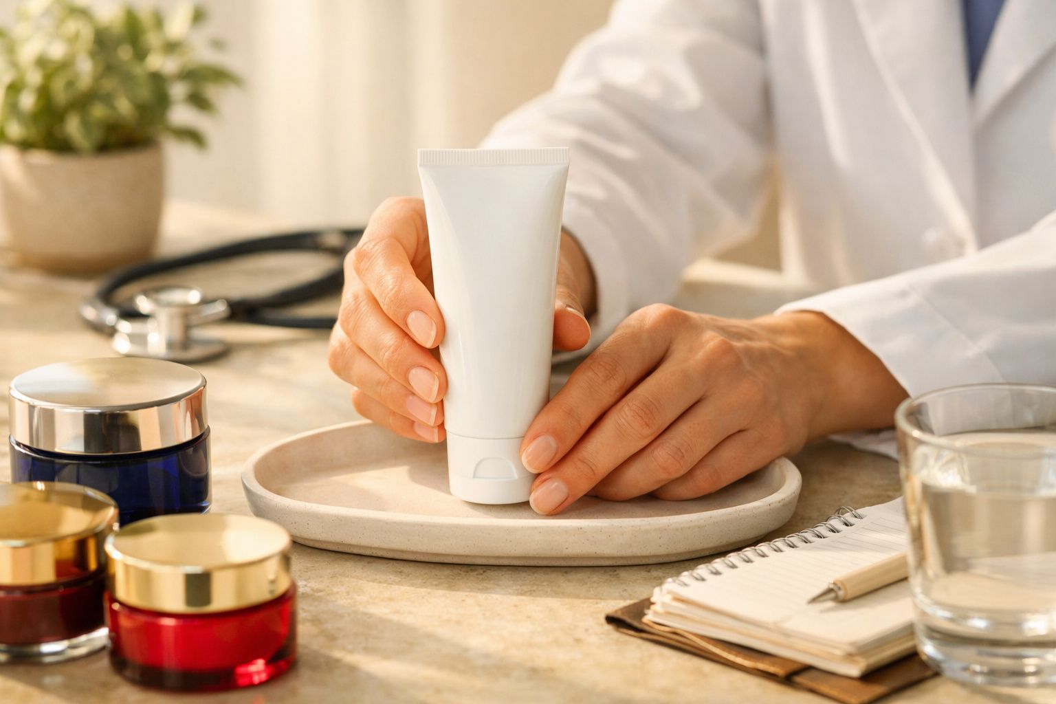 Mãos de médico a segurar tubo branco de creme sobre prato, com frascos, estetoscópio e bloco de notas na mesa.