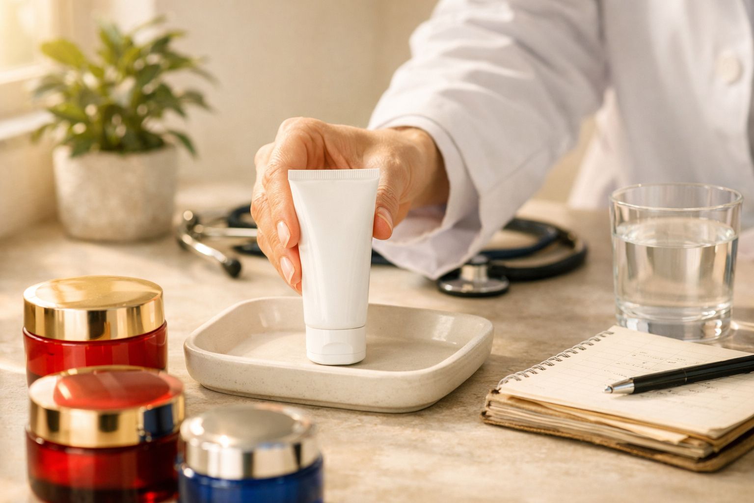 Mão segurando tubo branco de creme numa bandeja, com frascos, stetoesvópio, bloco de notas e copo de água.
