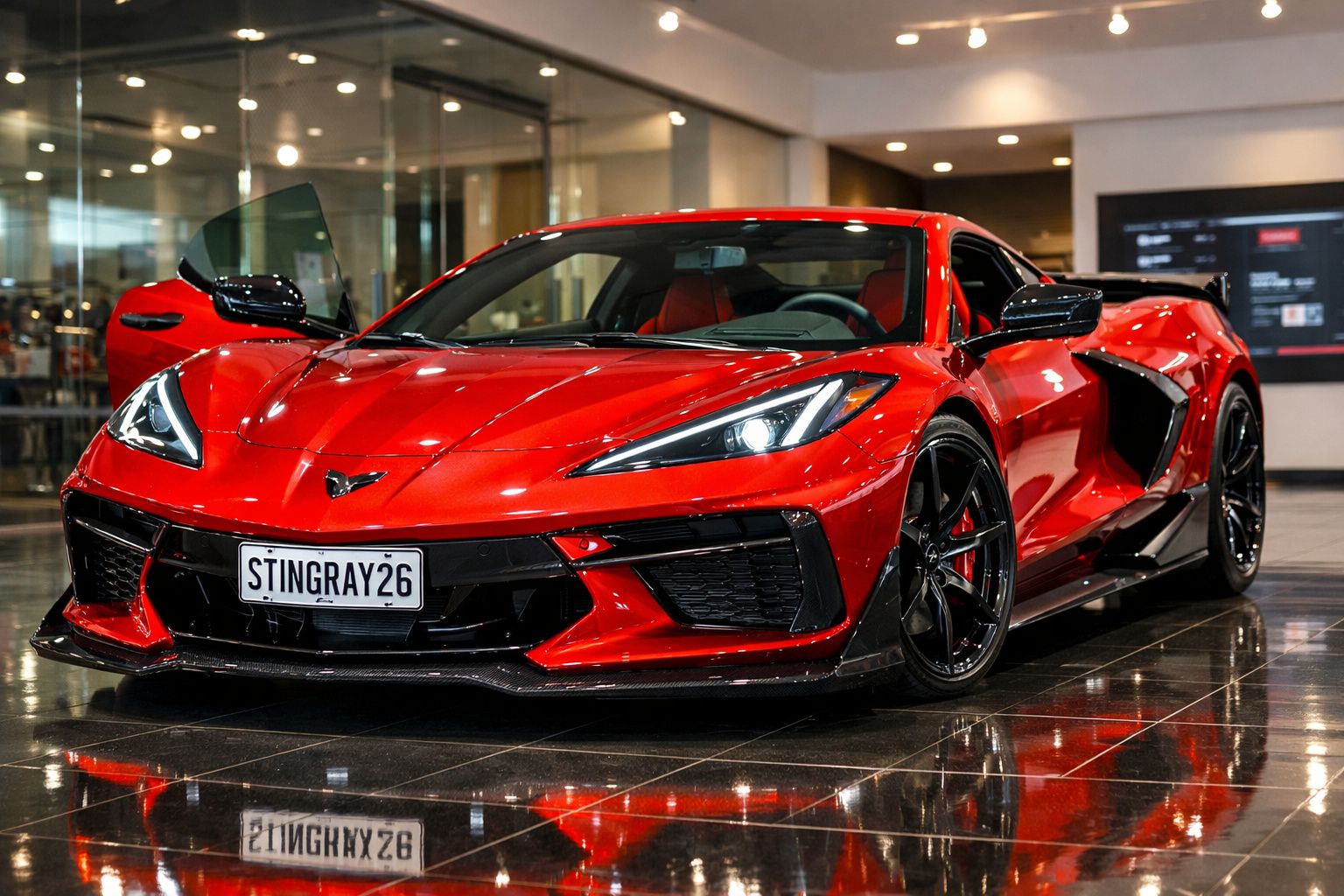 Carro desportivo vermelho com design aerodinâmico e porta do condutor aberta em showroom moderno.