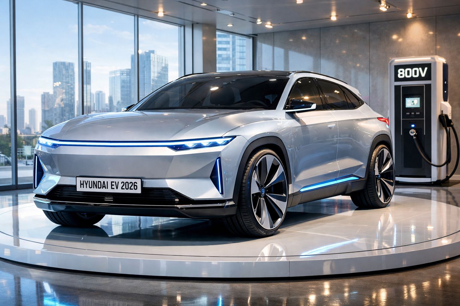 Carro elétrico Hyundai EV 2026 prateado em exibição, com estação de carregamento 800V ao fundo.
