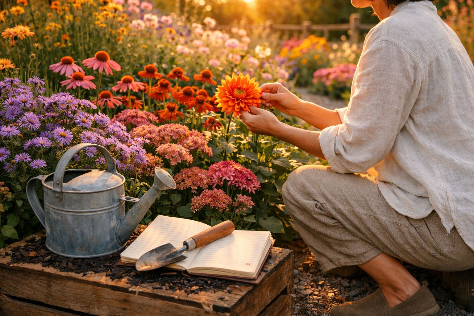 Pessoa a cuidar de flores coloridas num jardim com regador, caderno aberto e enxada à vista.