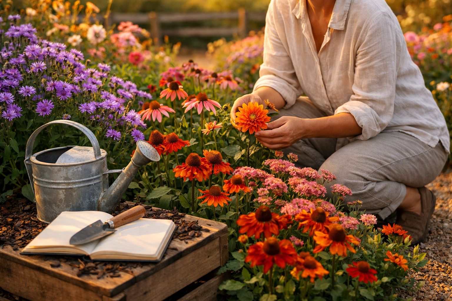 Pessoa a cuidar de flores coloridas num jardim com regador, caderno aberto e enxada sobre caixa de madeira.
