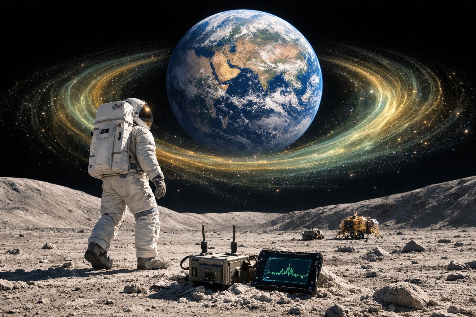 Astronauta na superfície lunar com Terra envolvida por anéis brilhantes ao fundo e equipamento tecnológico próximo.