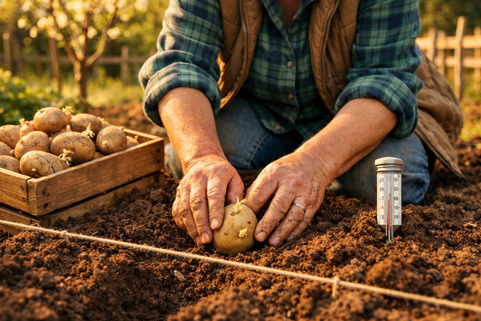 Mãos de pessoa a plantar batata com rebentos numa horta, com caixa de batatas e termómetro no solo.
