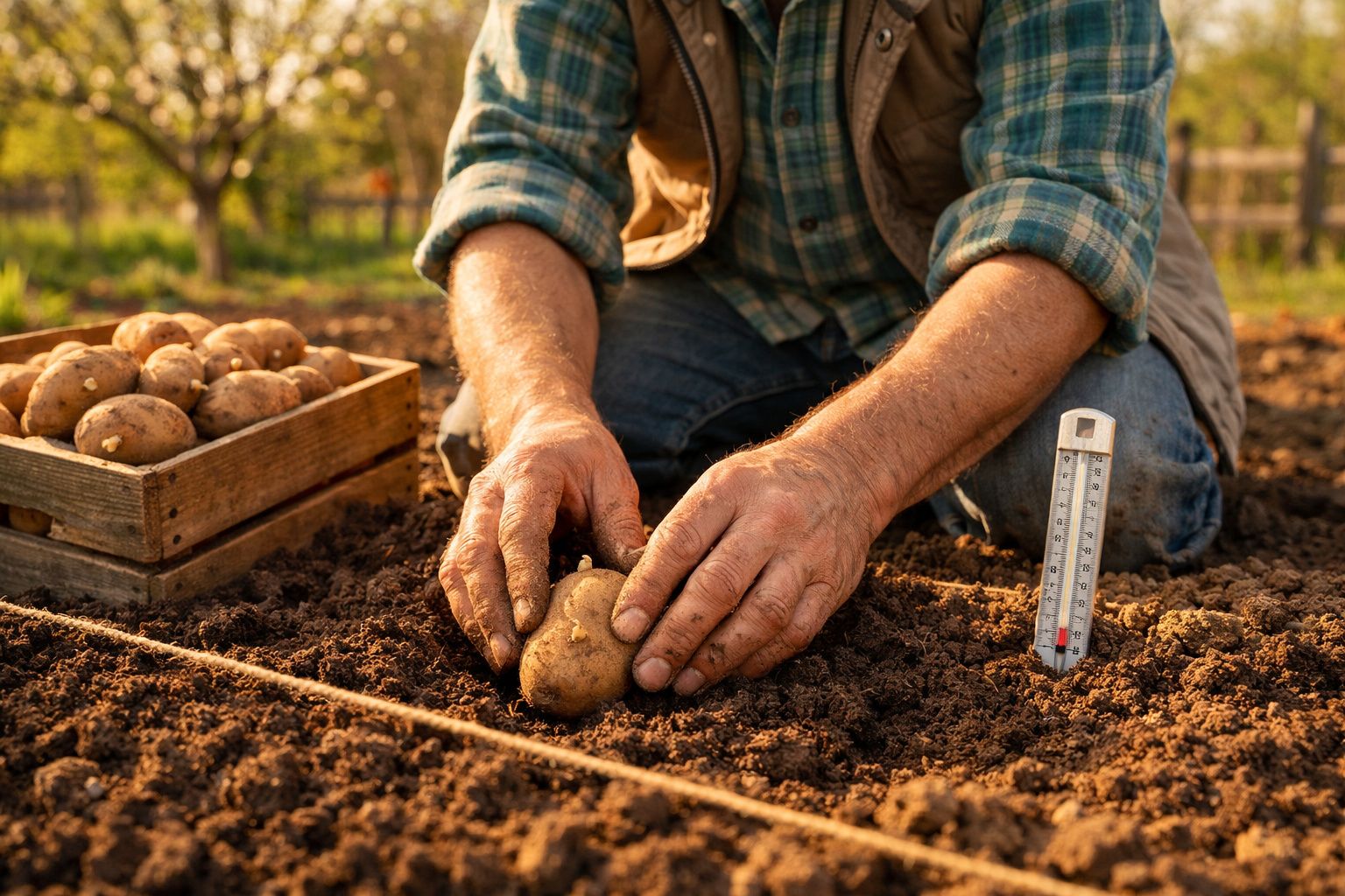 Agricultor a plantar batata no solo com caixa de batatas e termómetro no campo ao fundo.