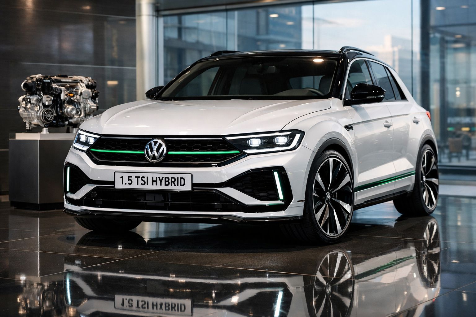 Volkswagen 1.5 TSI Hybrid branco estacionado em interior moderno com motor exposto ao lado.