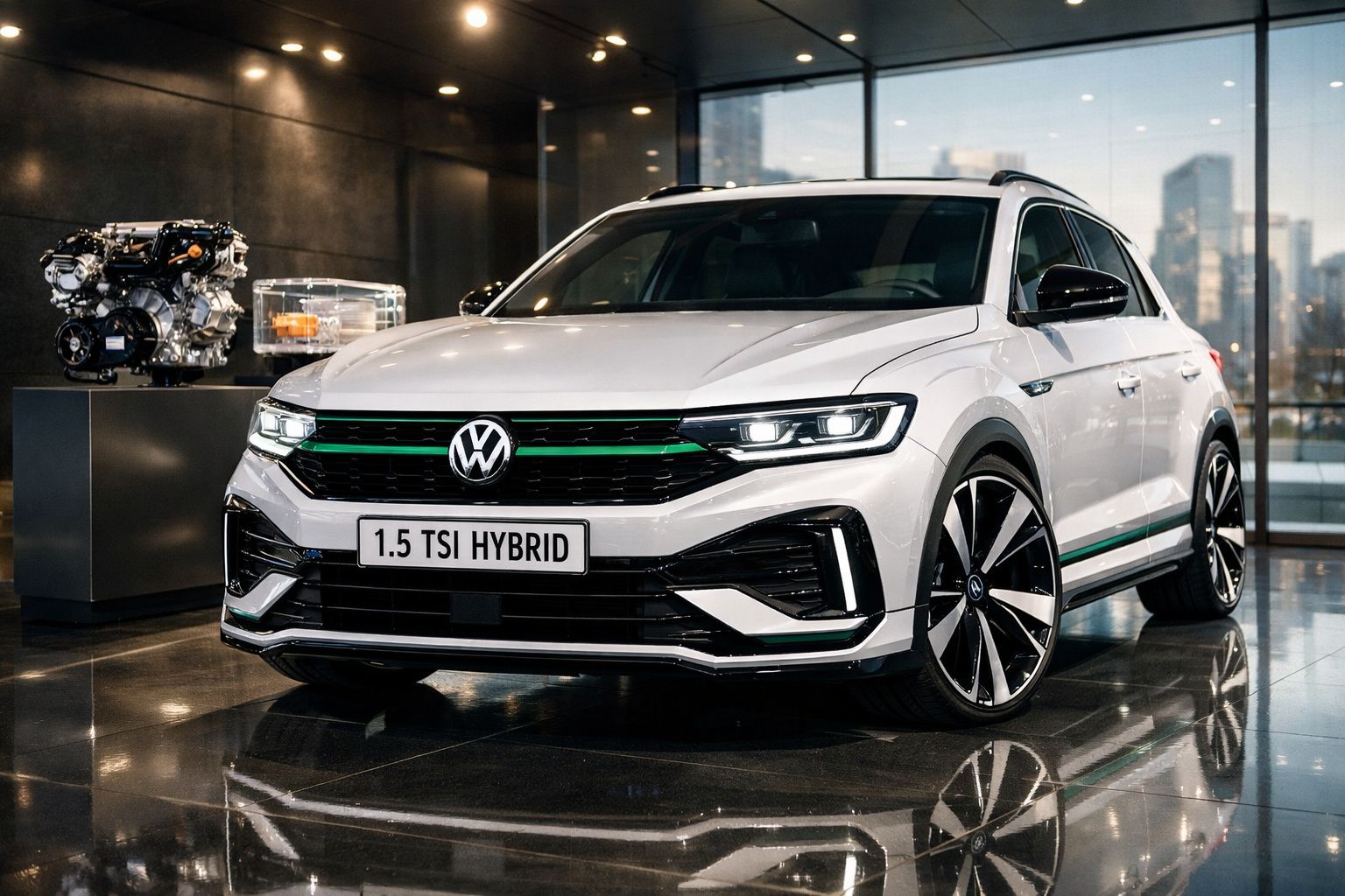 Volkswagen Passat branco 1.5 TSI Hybrid estacionado em interior moderno com luzes acesas.