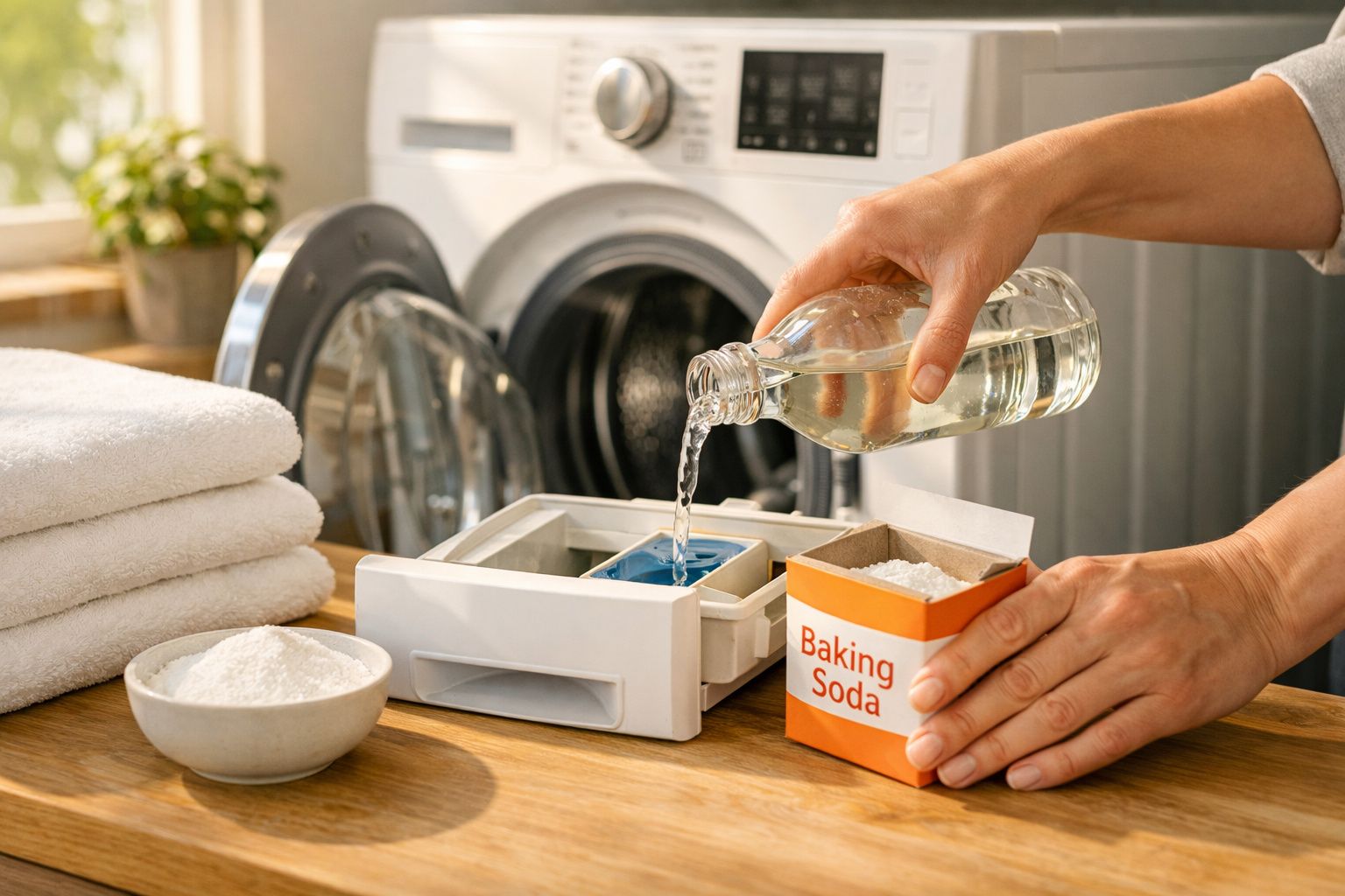 Pessoa a despejar líquido junto de bicarbonato de sódio num dispensador de detergente para máquina de lavar roupa.