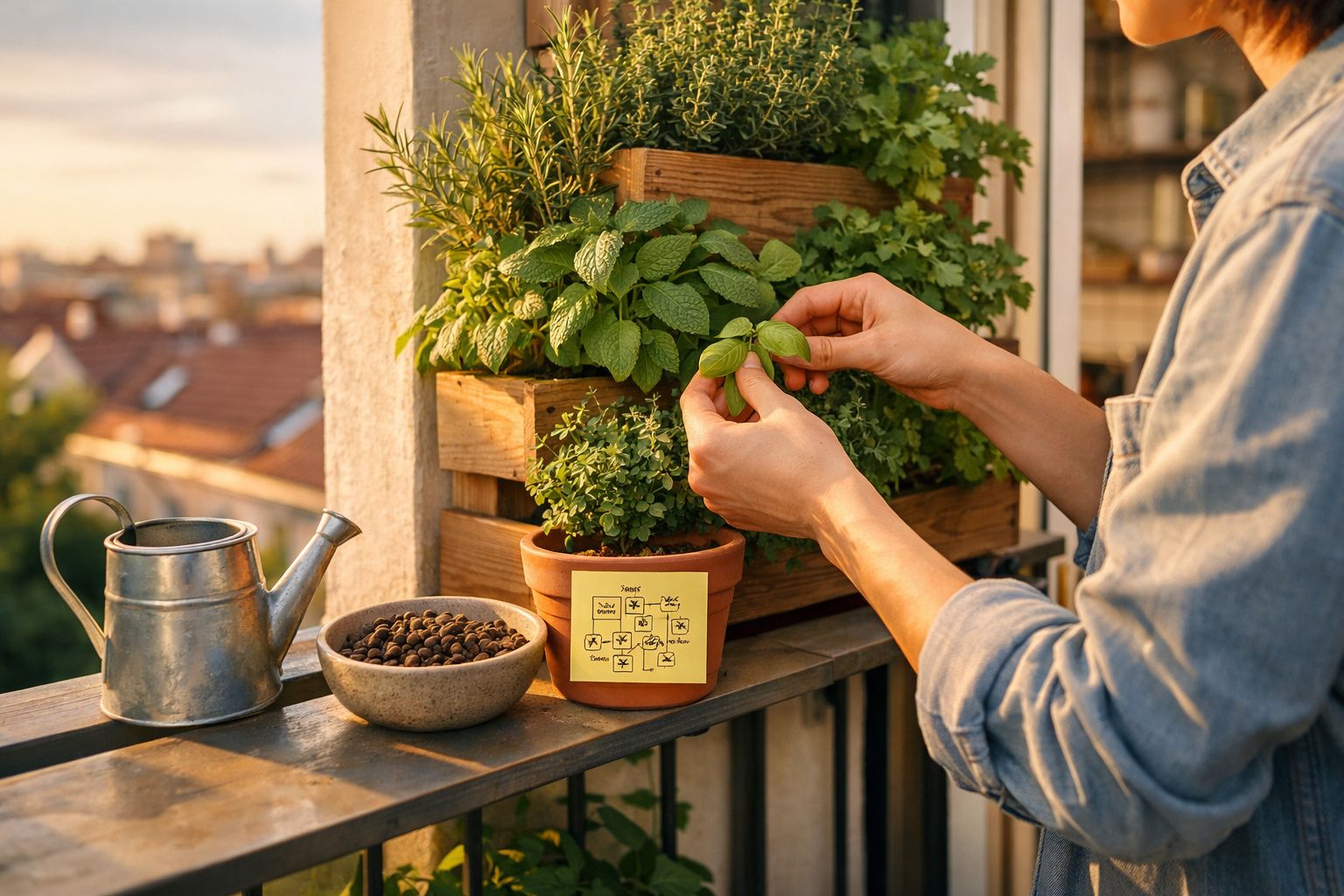 Pessoa a cuidar de plantas aromáticas num jardim vertical em varanda urbana ao pôr do sol
