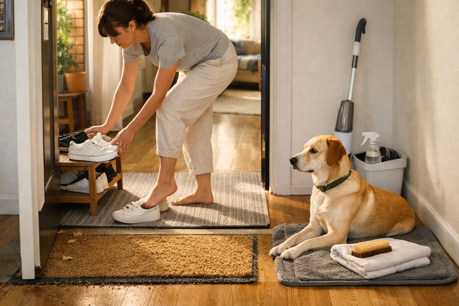 Mulher vestindo ténis branca junto à porta e cão castanho deitado numa almofada com toalha e escova.