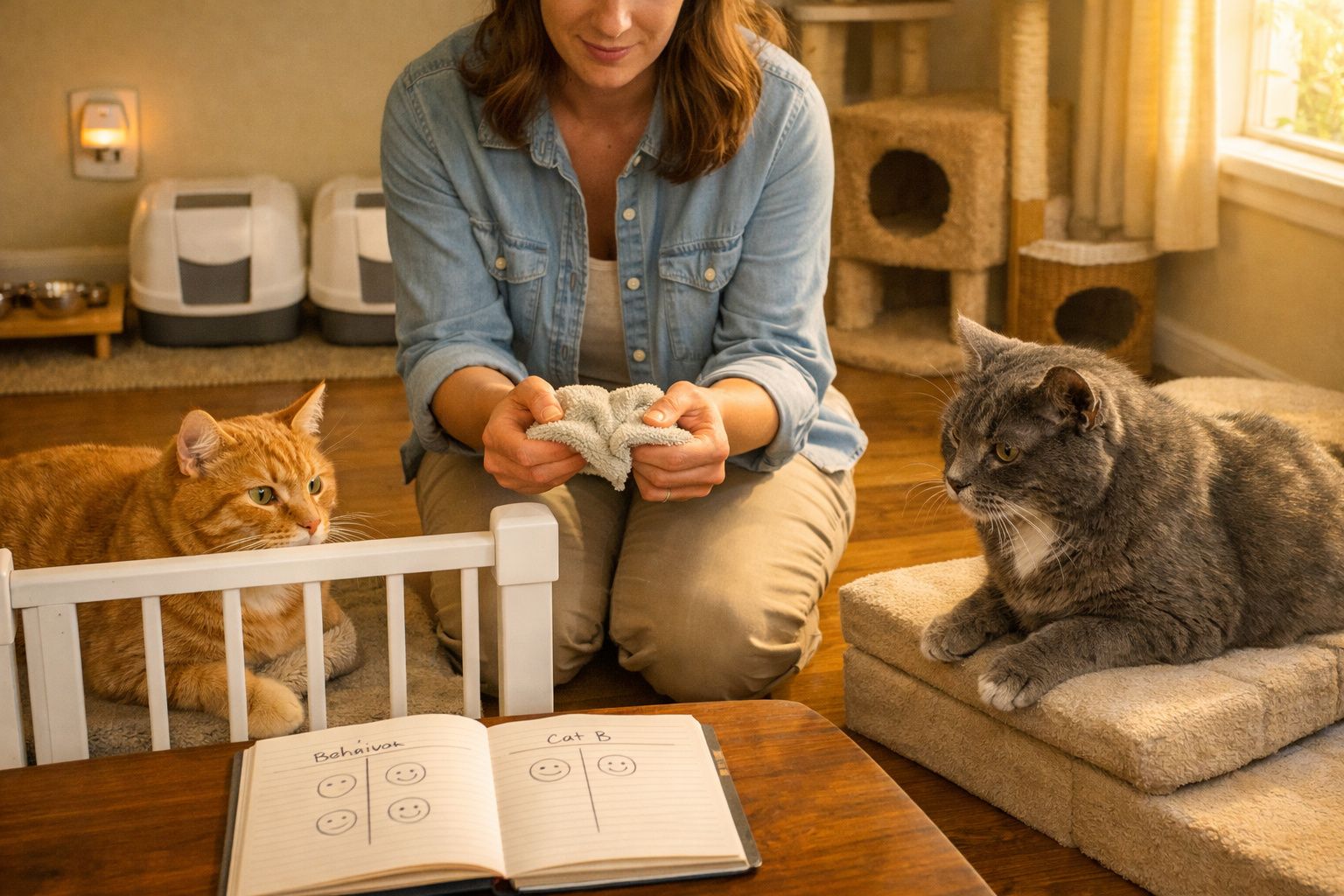 Mulher sentada no chão com dois gatos em ambiente acolhedor, com cadernos e arranhadores.