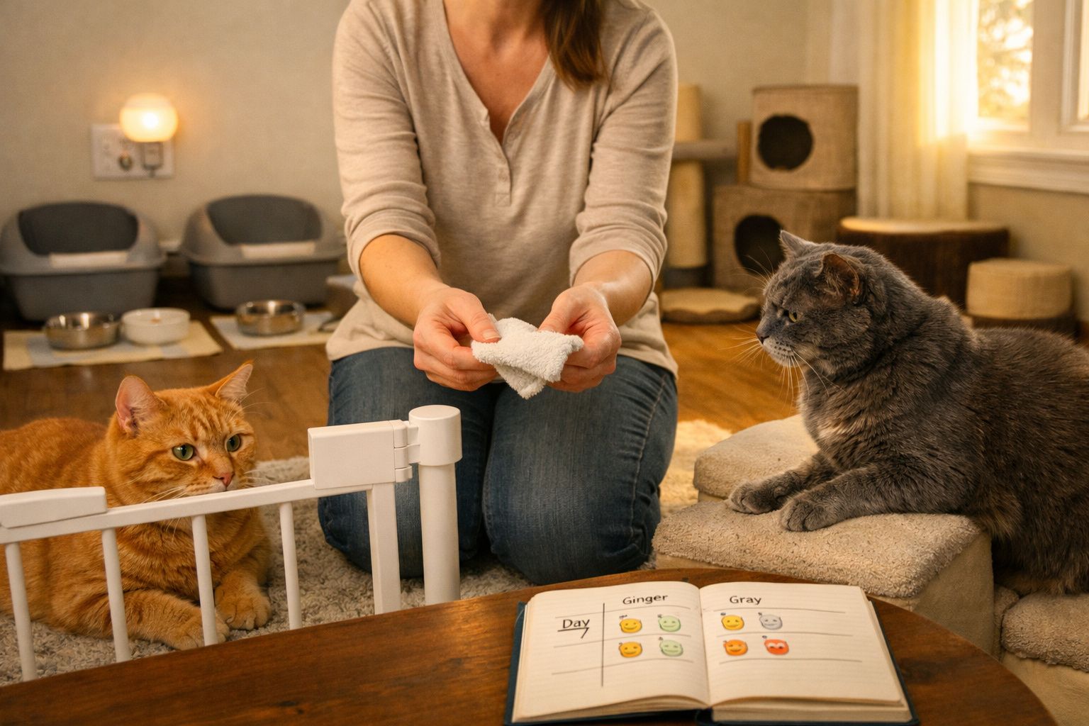 Pessoa a interagir com dois gatos, com um livro aberto sobre monitorização do comportamento felino numa sala.