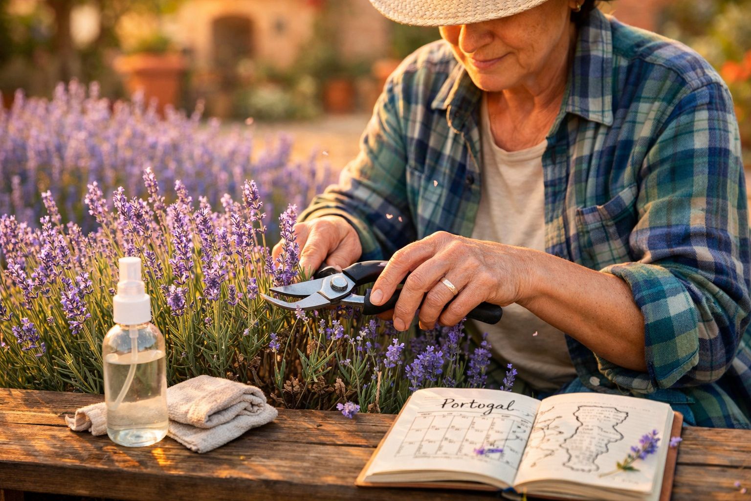 Pessoa a podar flores de lavanda com tesoura de poda, ao lado de frasco de spray e caderno aberto.