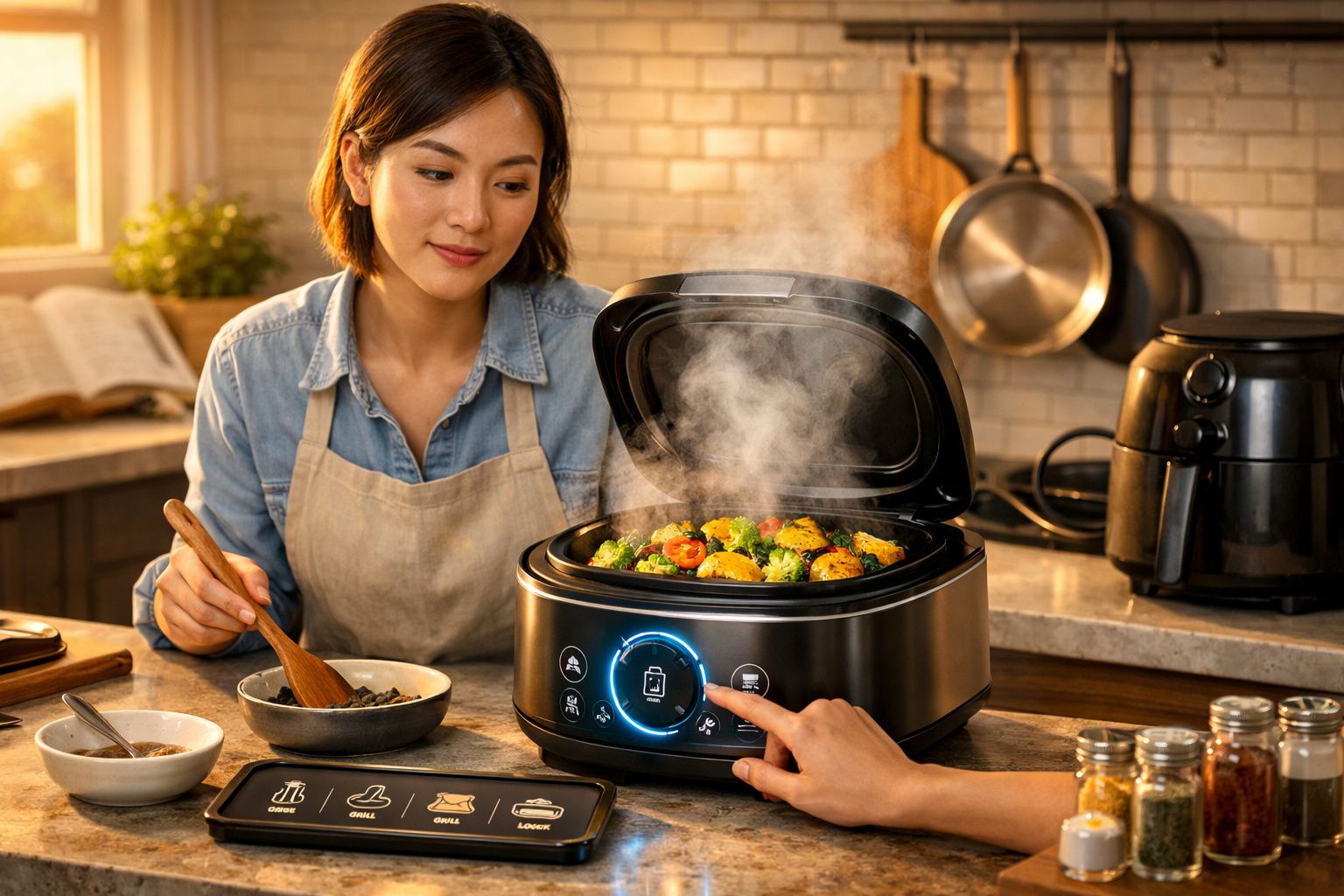 Mulher em avental controla panela elétrica enquanto legumes cozinham a vapor numa cozinha moderna.