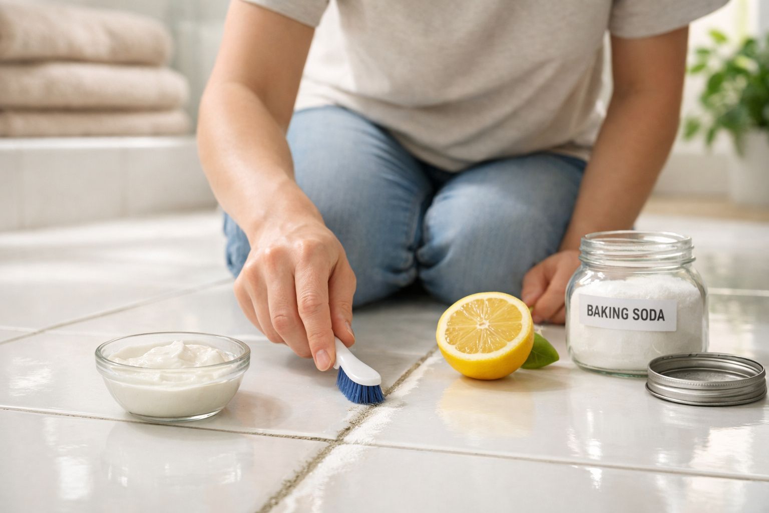 Pessoa a limpar juntas do chão com escova, limão, bicarbonato e uma tigela com pasta branca.