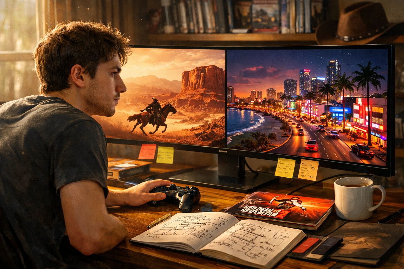 Jovem a jogar videojogo com ecrã duplo mostrando paisagens de deserto e cidade à noite.