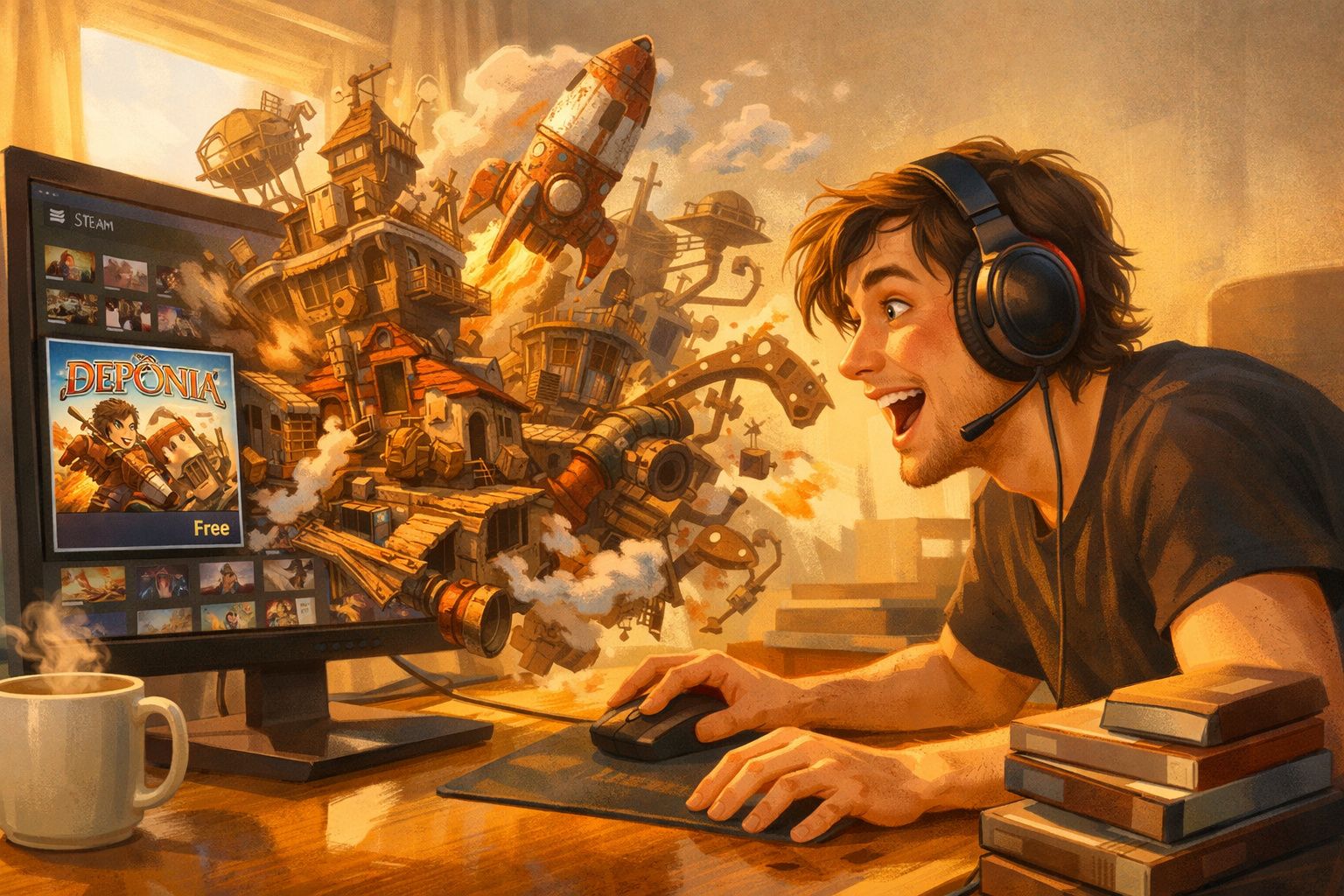 Jovem entusiasmado com auscultadores joga videojogo Deponia no computador com imagem a explodir em fantasia.
