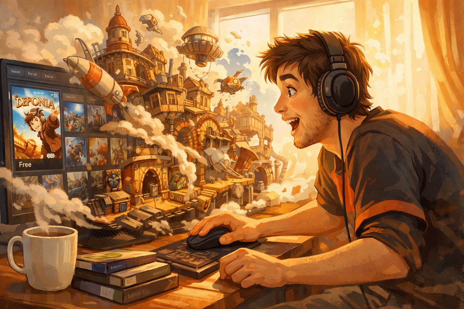 Rapaz com auscultadores a jogar num computador com ambiente de fantasia e tecnologia ao fundo.