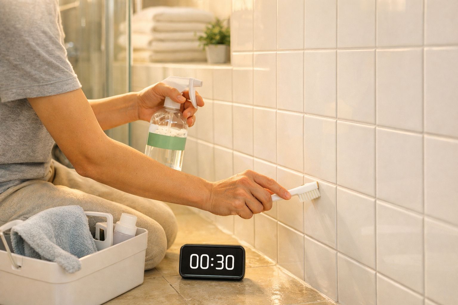 Pessoa a limpar azulejos brancos com escova e spray, temporizador digital marca 00:30 minutos.