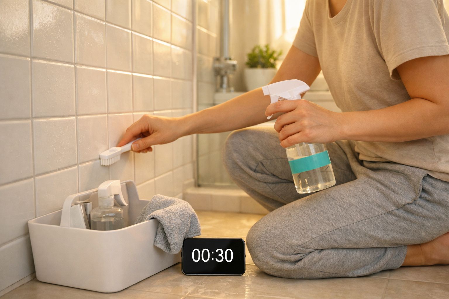 Pessoa a limpar azulejos de casa de banho com escova e spray, próxima a dispensador e relógio digital.