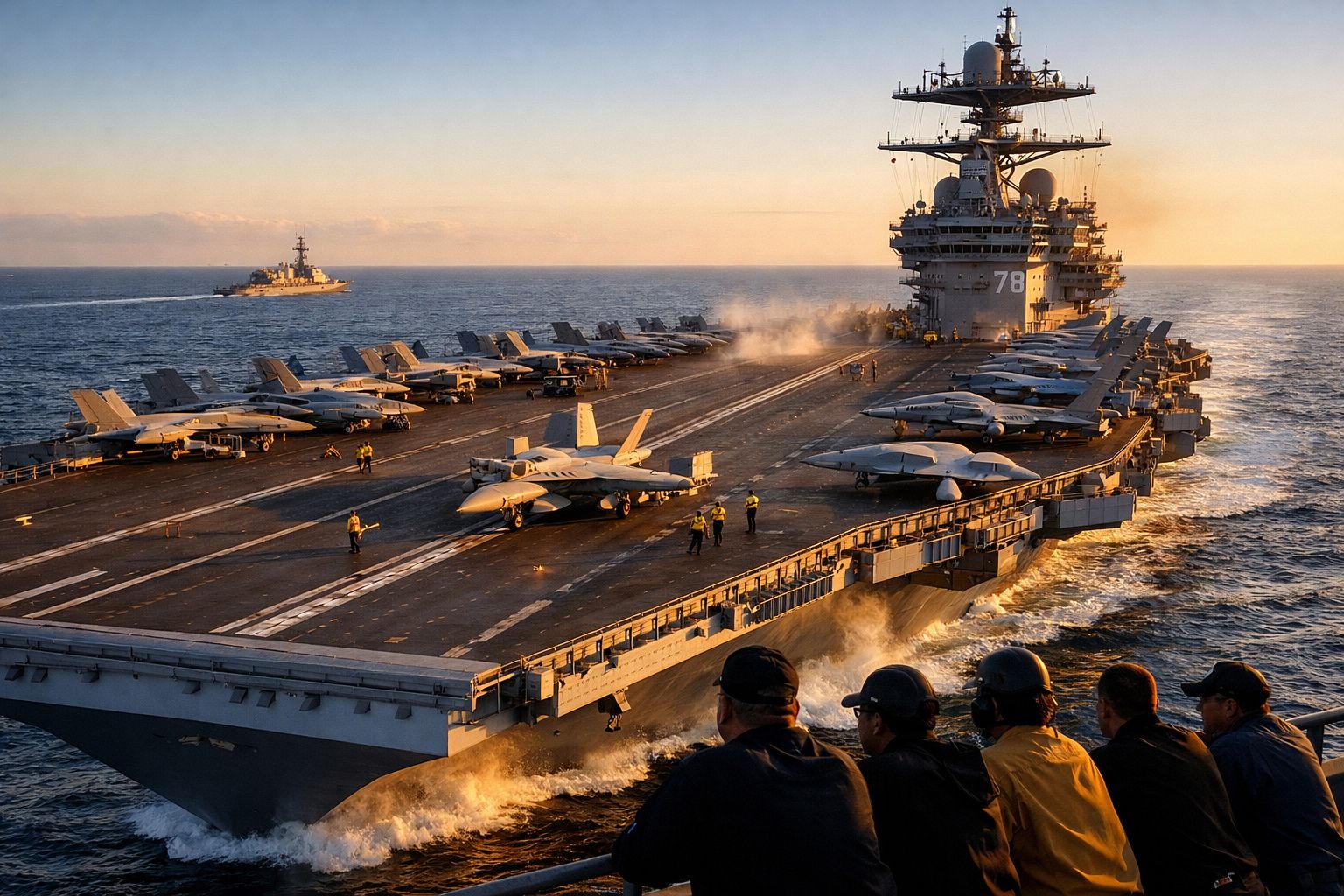 Porta-aviões com vários caças estacionados no convés ao pôr do sol, com tripulantes observando.