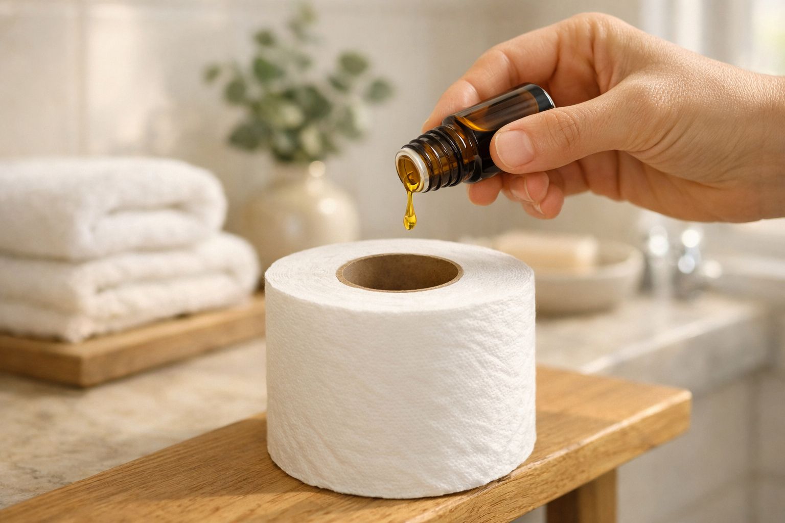 Mão a deitar essências aromáticas num rolo de papel higiénico num ambiente de casa de banho com toalhas brancas.
