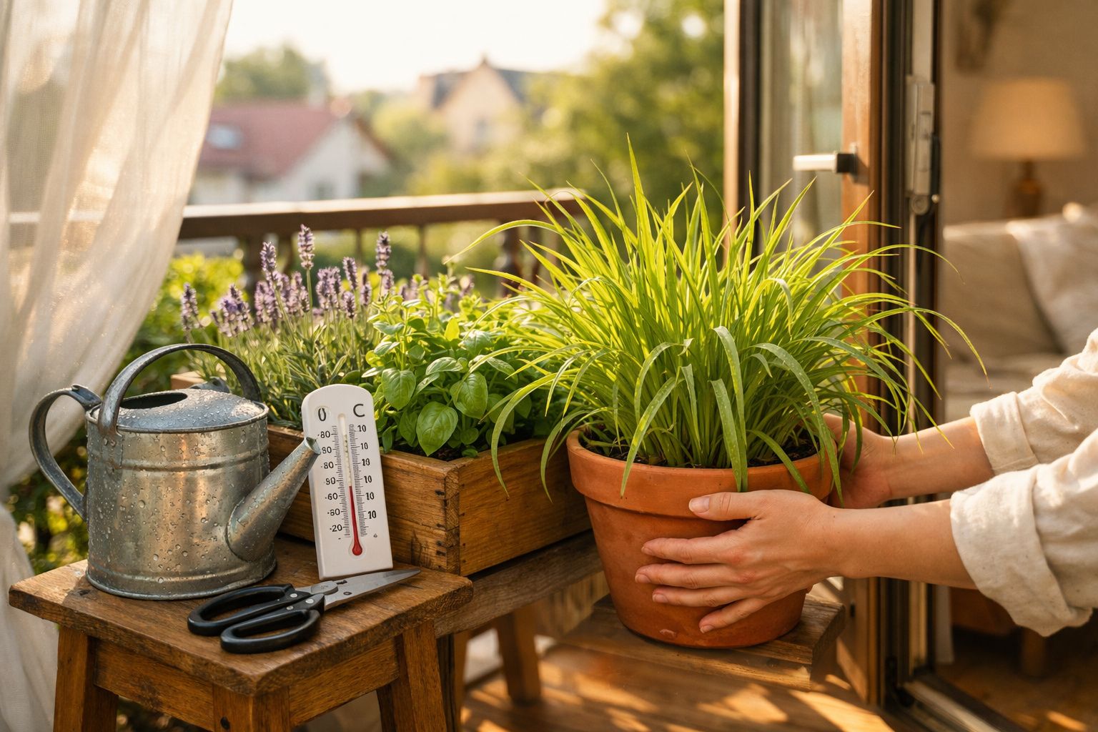 Mãos a segurar vaso com planta verde numa varanda com regador, tesoura, termómetro e plantas aromáticas.